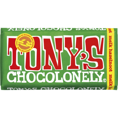 Tony's Chocolonely Milk Hazelnut Chocolate Bar 180g - Fair Trade, Ethical Treat