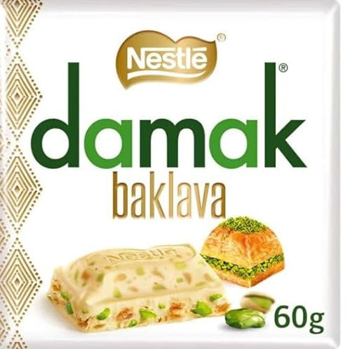 Nestle Damak Baklava White Chocolate with Pistachio Flavor, Premium Chocolate Bar, 60g