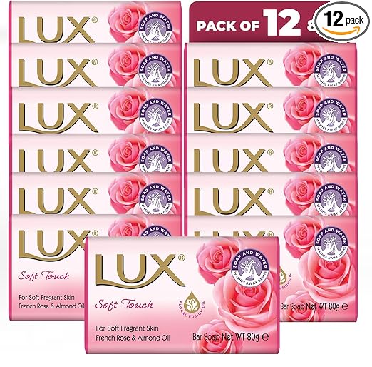 12 x Lux Soft Touch for Gentle Scented Soaps with French Rose and Almond Oil 80g