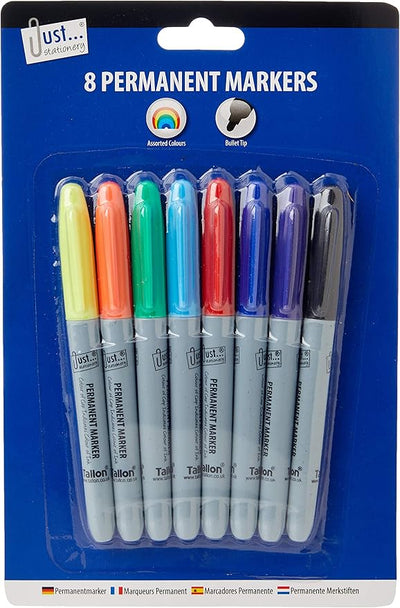Just Stationery Permanent Markers 8 Pack Assorted Colours