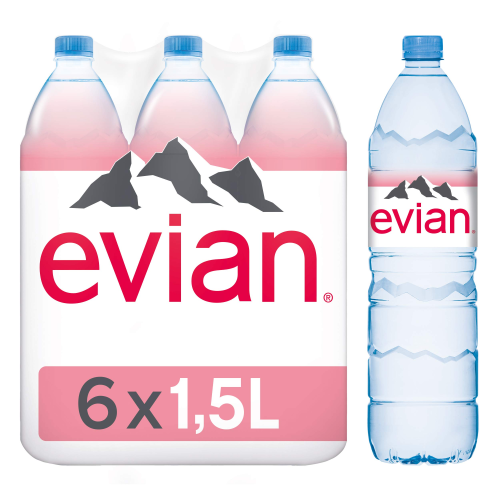 Evian Natural Mineral Water 1.5L PET Bottles 6-Pack French Alps